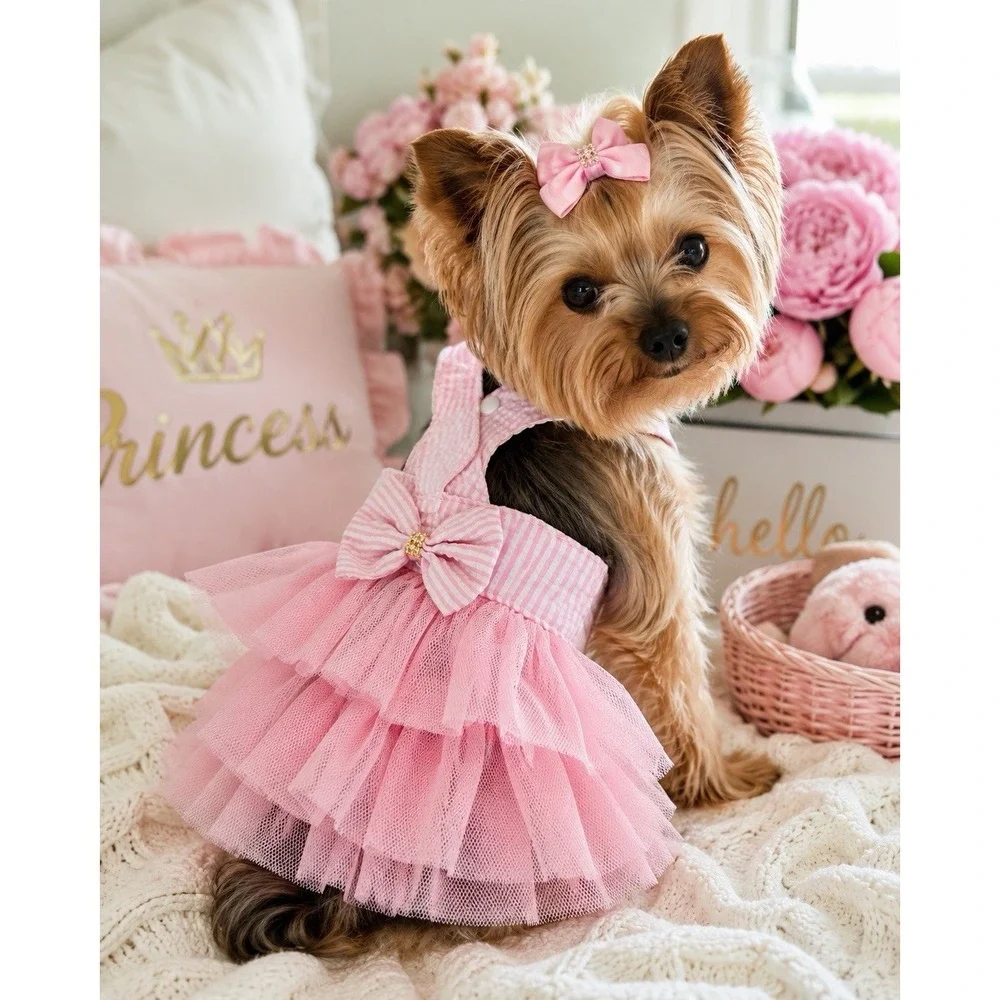 XS Small Dog Dress Pink Seersucker Tutu Puppy Dress Small Dog Party Fancy